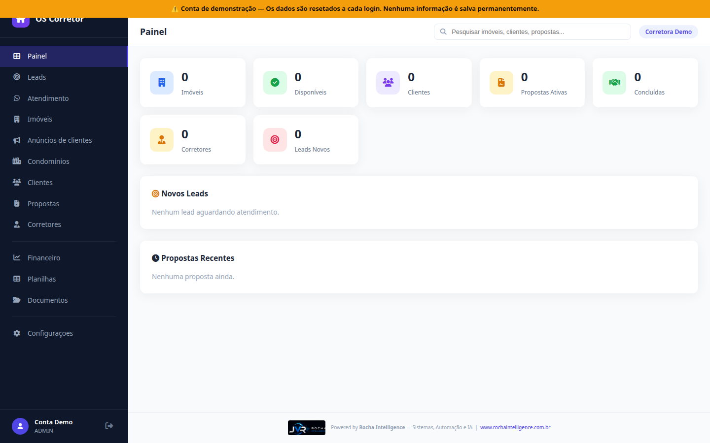 Painel do OS Corretor — dashboard com imóveis, leads e propostas