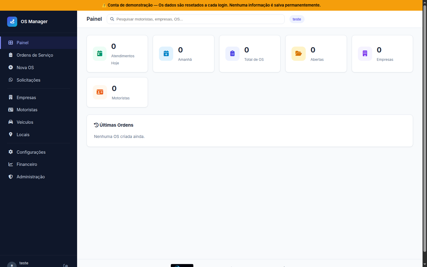 Painel do OS Manager — dashboard com ordens de serviço, motoristas e frota